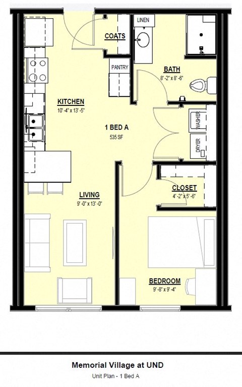 Floor plan for 1 bed, 1 bath, 535 sqft